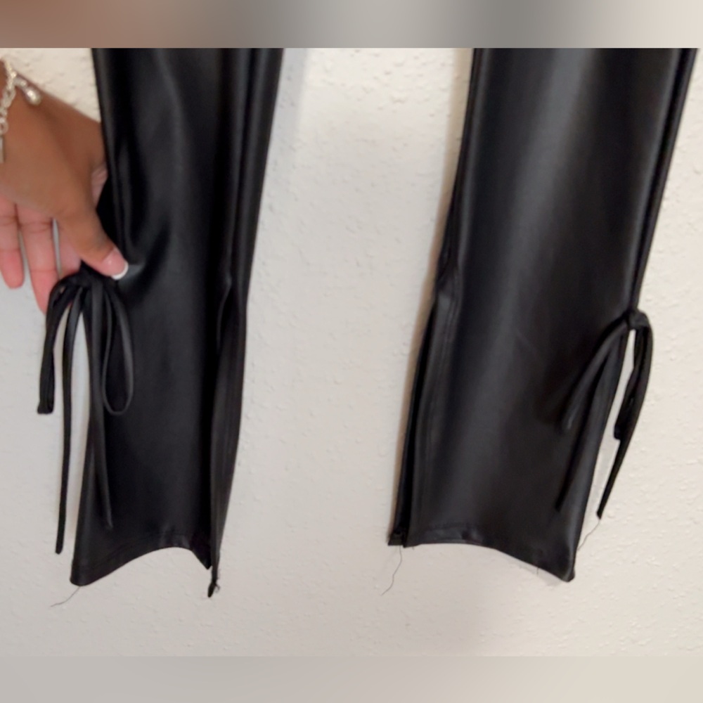 Black Faux Leather Pants with Lace-Up Detail